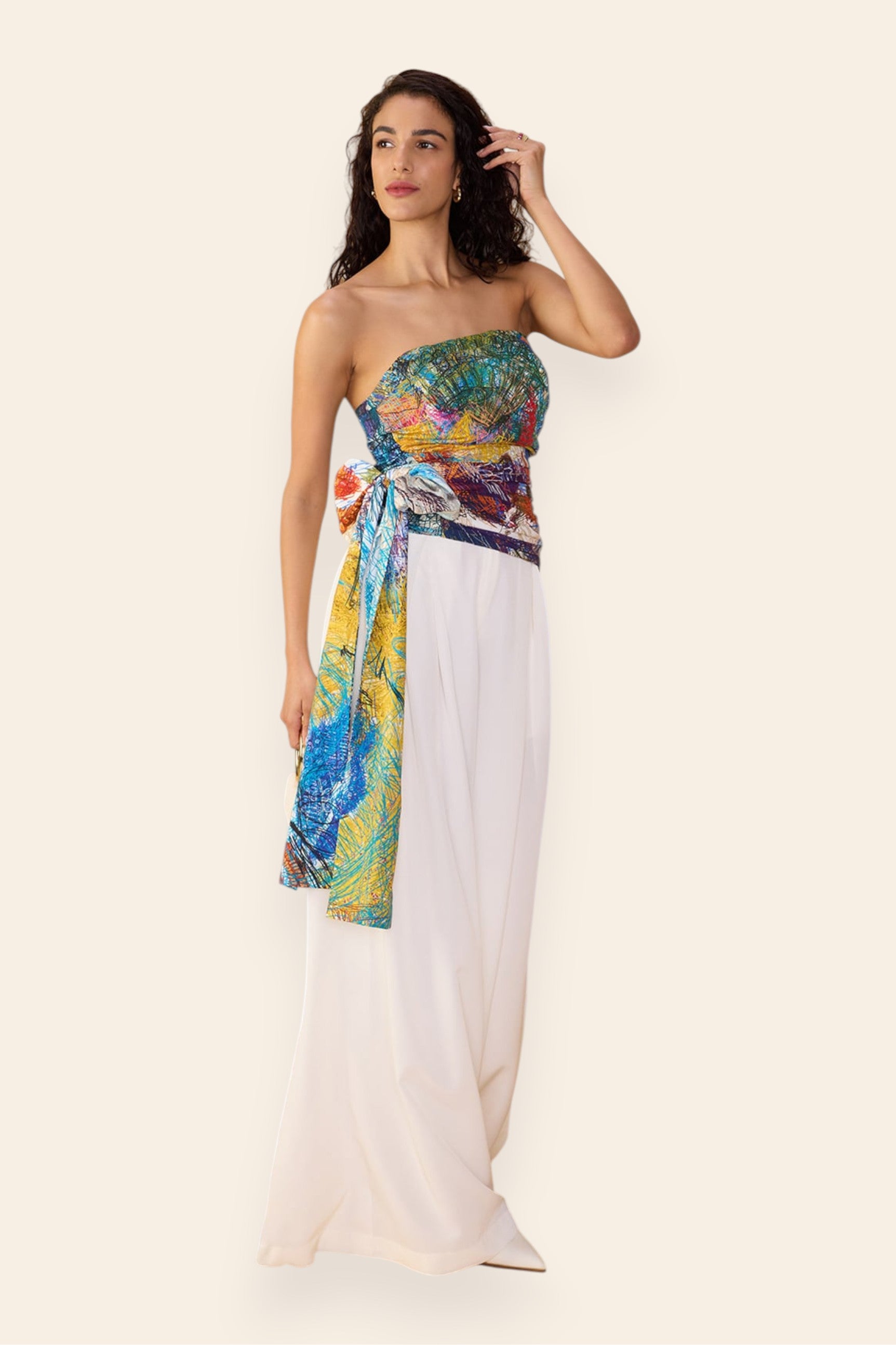 Saaksha & Kinni palazzo set styled for evening, movement detail of wide-leg silhouette