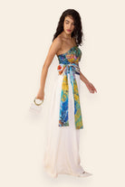 Saaksha & Kinni abstract print blouse, close-up of asymmetric neckline and bow detail