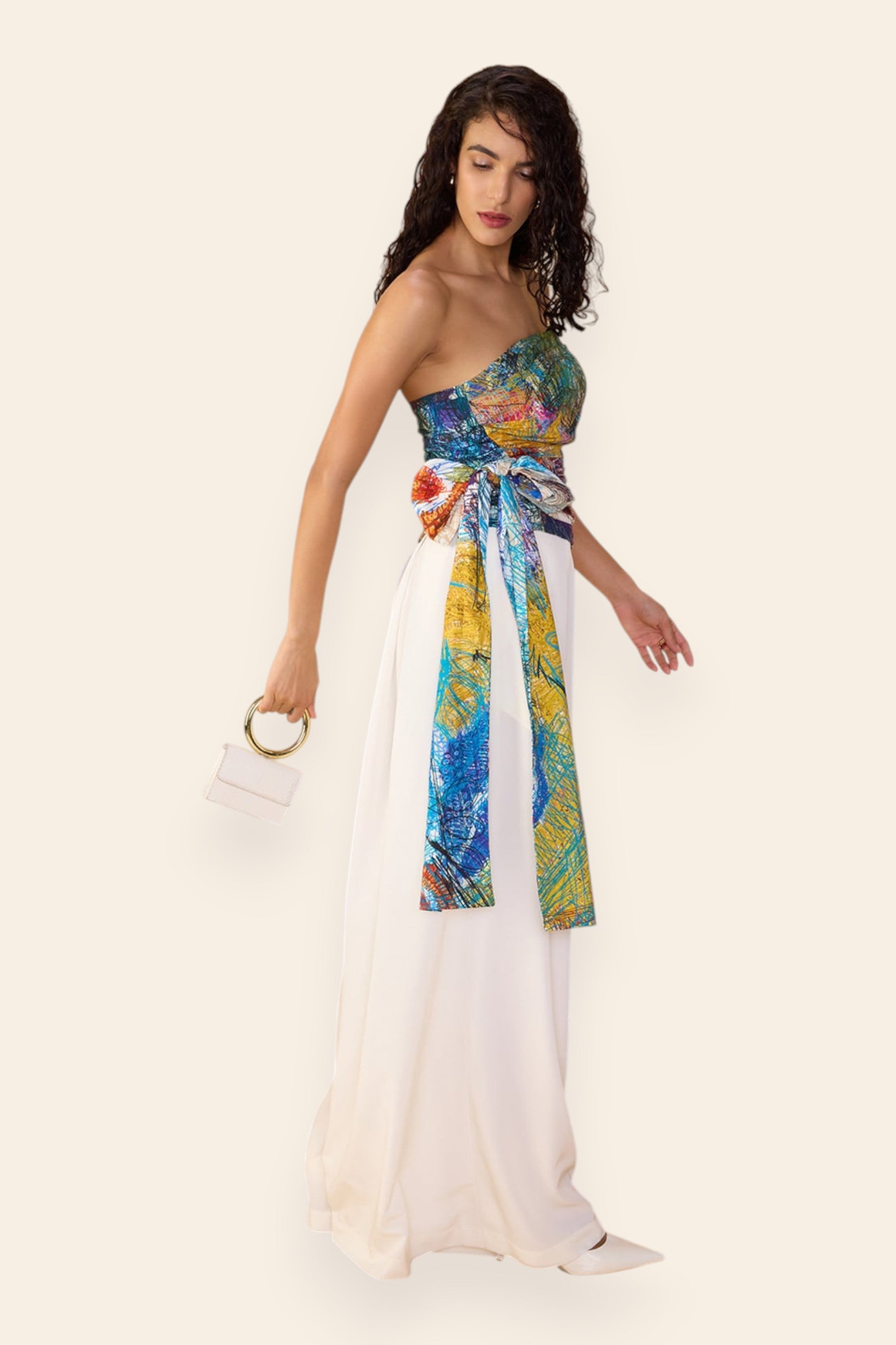 Saaksha & Kinni abstract print blouse, close-up of asymmetric neckline and bow detail