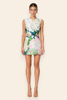 Floral dahlia print mini dress with side cut-outs by Gauri & Nainika