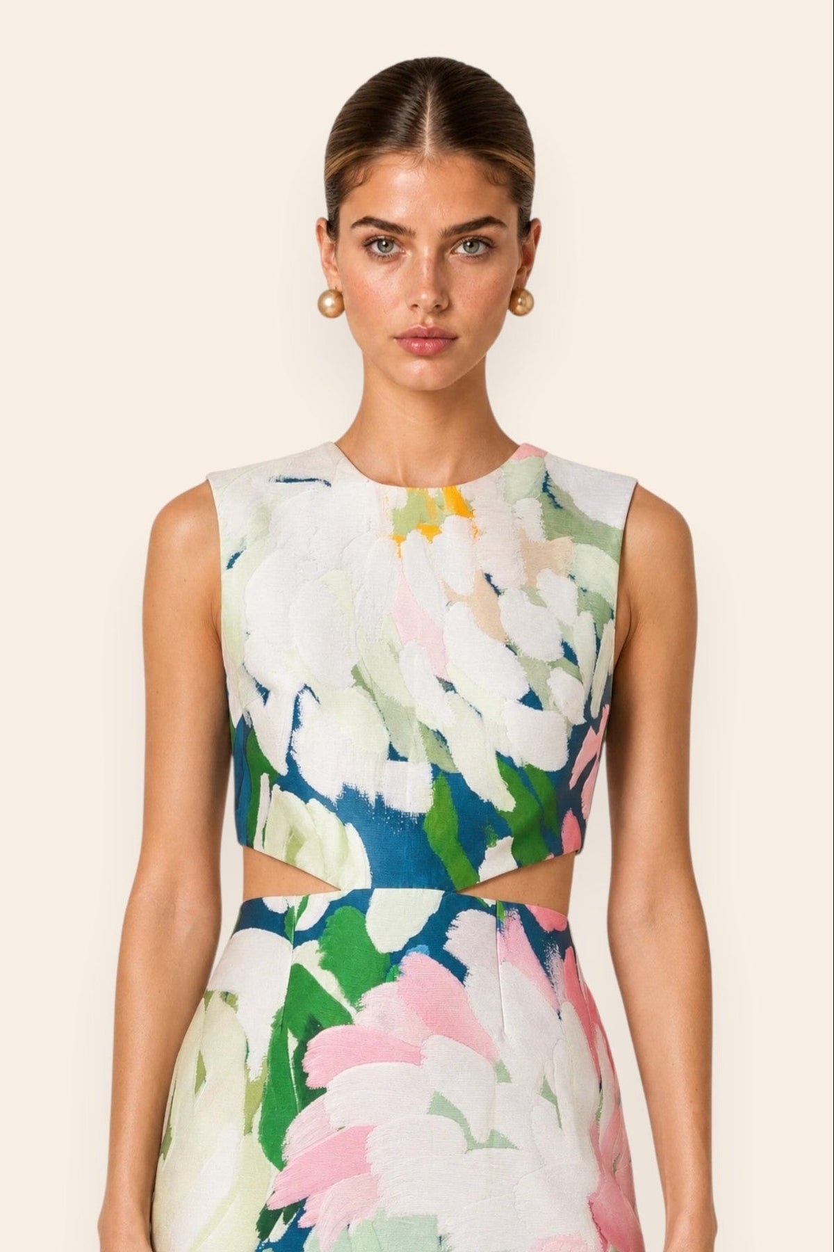 Oversized green, blue and pink dahlia print on ivory Mikado