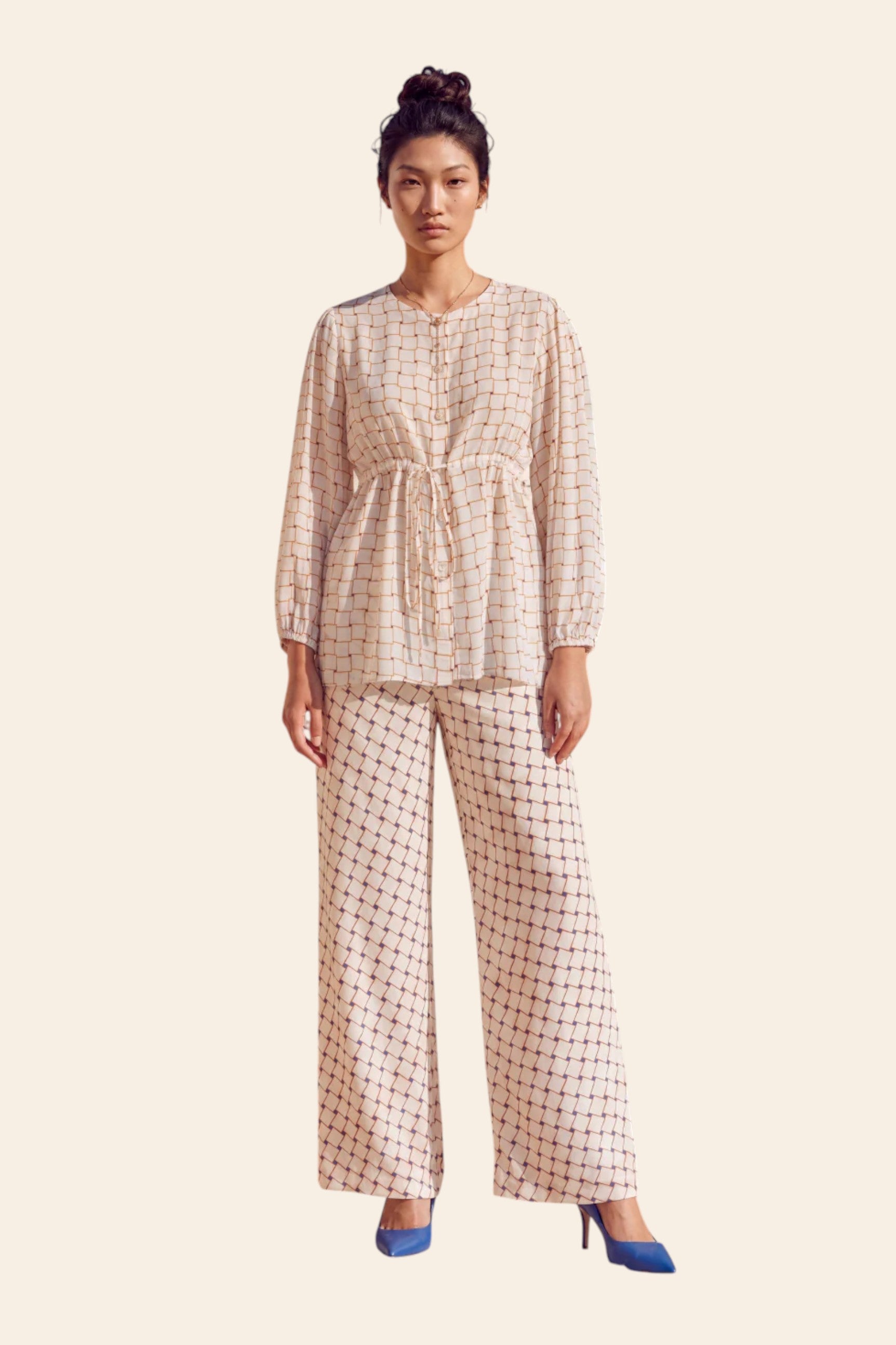 Nautanky ivory dune printed blouse and pants co-ord set, front view