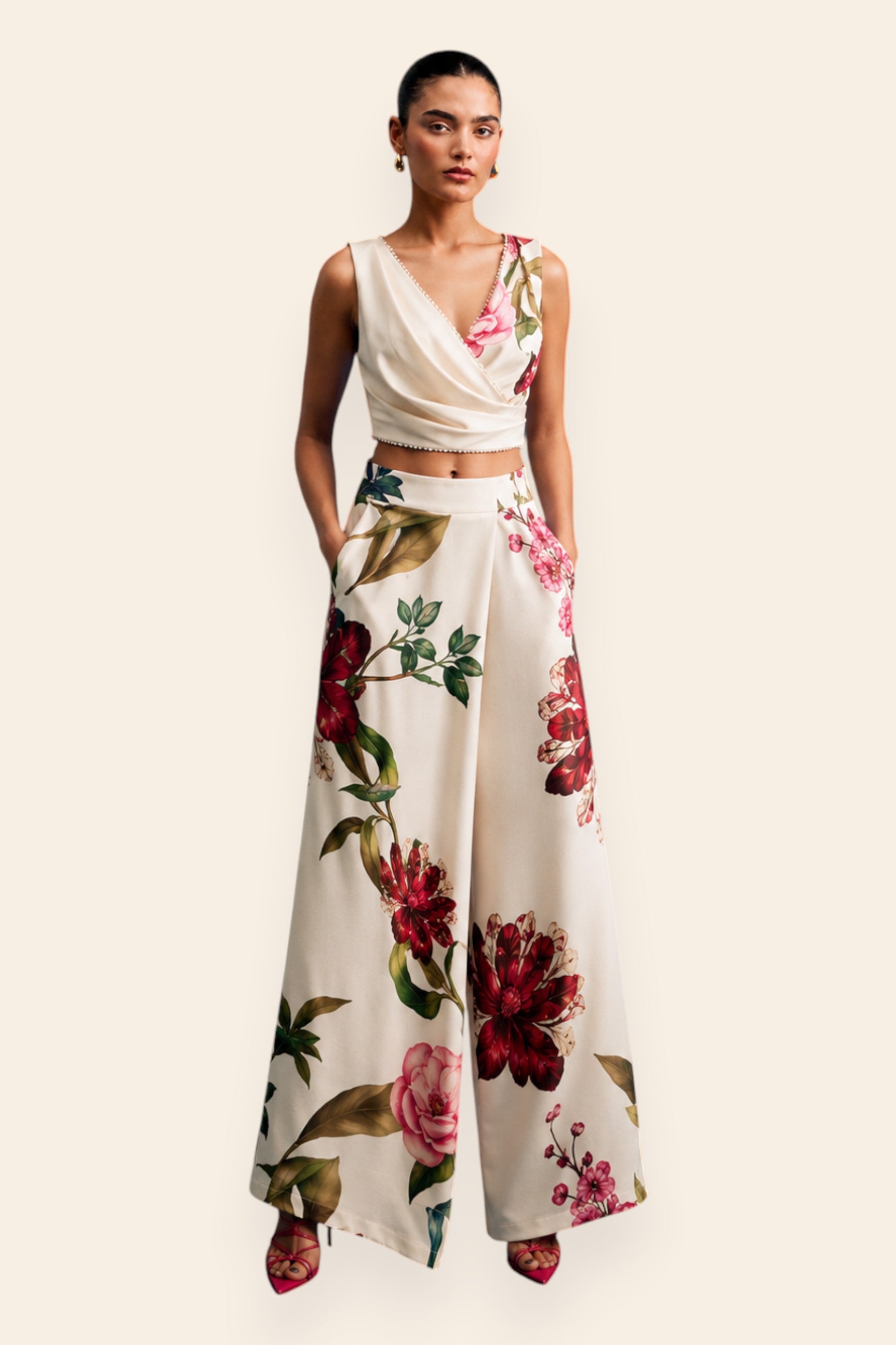 Crimson passion drape satin pearls top with pants – front view of this handcrafted clothing by Shriya Som